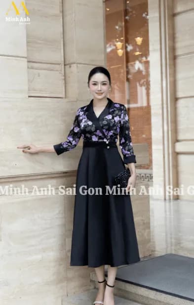 Đầm Hoa Phối Cổ Vét Thiết Kế Minh Anh - 341124A-B, đầm dự tiệc, dạ hội sang trọng, xếp ly, túi sườn thumbnail 2