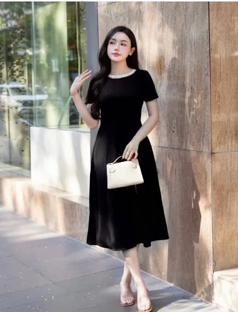 Đầm Cổ Thuyền Kết Ngọc Thiết Kế Minh Anh - 391124, Đầm chữ A sang chảnh, cổ thuyền đính ngọc thumbnail 3