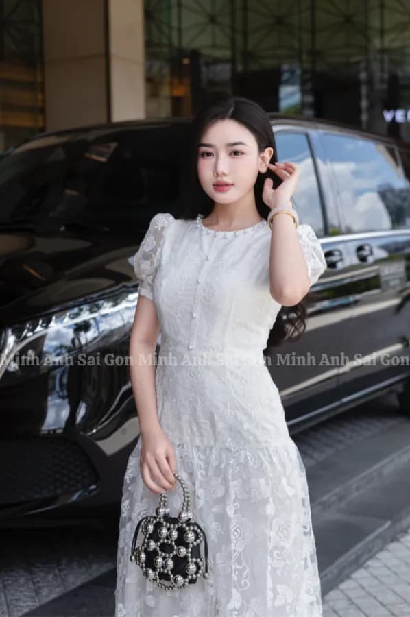 ĐẦM CỔ REN TƠ HOA TRẮNG MINH ANH 010425 - ĐẦM TƠ HOA TRẮNG TINH KHÔI, TRANG NHÃ thumbnail 2