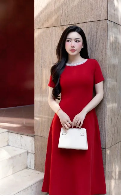 Đầm Cổ Thuyền Kết Ngọc Thiết Kế Minh Anh - 391124, Đầm chữ A sang chảnh, cổ thuyền đính ngọc - Ảnh 1