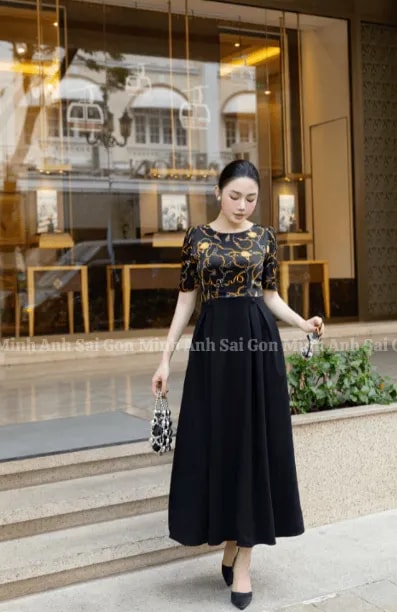 ĐẦM VOAN HỌA TIẾT PHỐI ĐEN (HỌA TIẾT VÀNG) - MINH ANH SÀI GÒN -Thanh lịch - Tối giản - Tinh tế - Ảnh 1