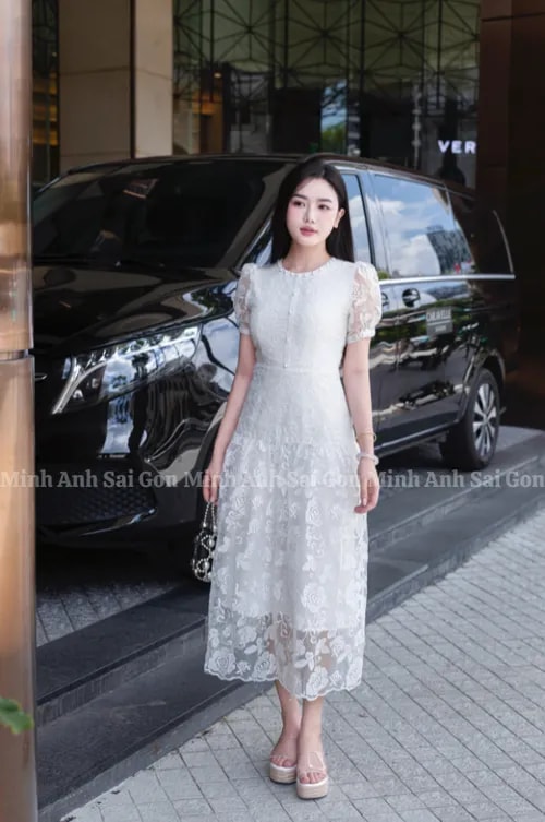 ĐẦM CỔ REN TƠ HOA TRẮNG MINH ANH 010425 - ĐẦM TƠ HOA TRẮNG TINH KHÔI, TRANG NHÃ - Ảnh 1
